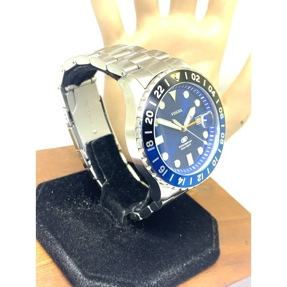 Fossil Men's Watch FS5991 GMT Quartz Blue Dial Silver Stainless Steel 46mm